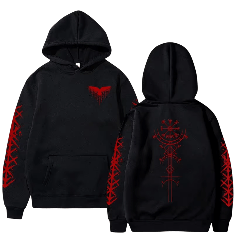 Sweat à Capuche Viking Vegvísir et Runes, coloris noir motif rouge, vu de face et de dos