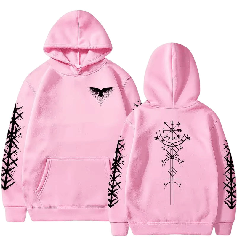 Sweat à Capuche Viking Vegvísir et Runes, coloris rose motif noir, vu de face et de dos