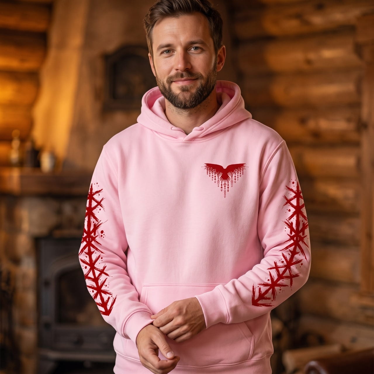 Homme portant le Sweat à Capuche Viking Vegvísir et Runes, coloris rose motif rouge