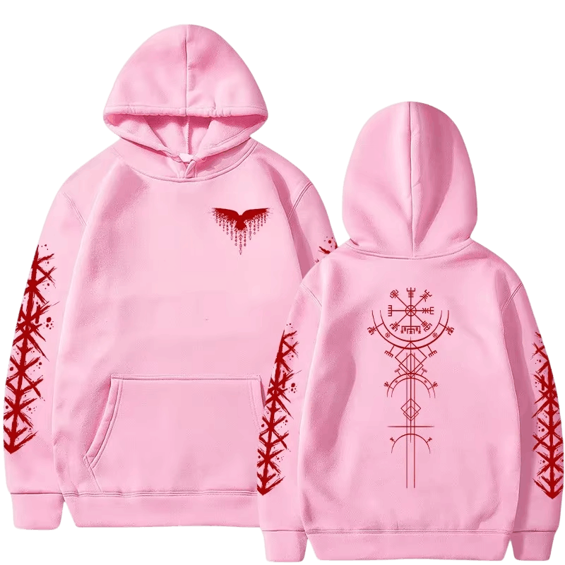 Sweat à Capuche Viking Vegvísir et Runes, coloris rose motif rouge, vu de face et de dos