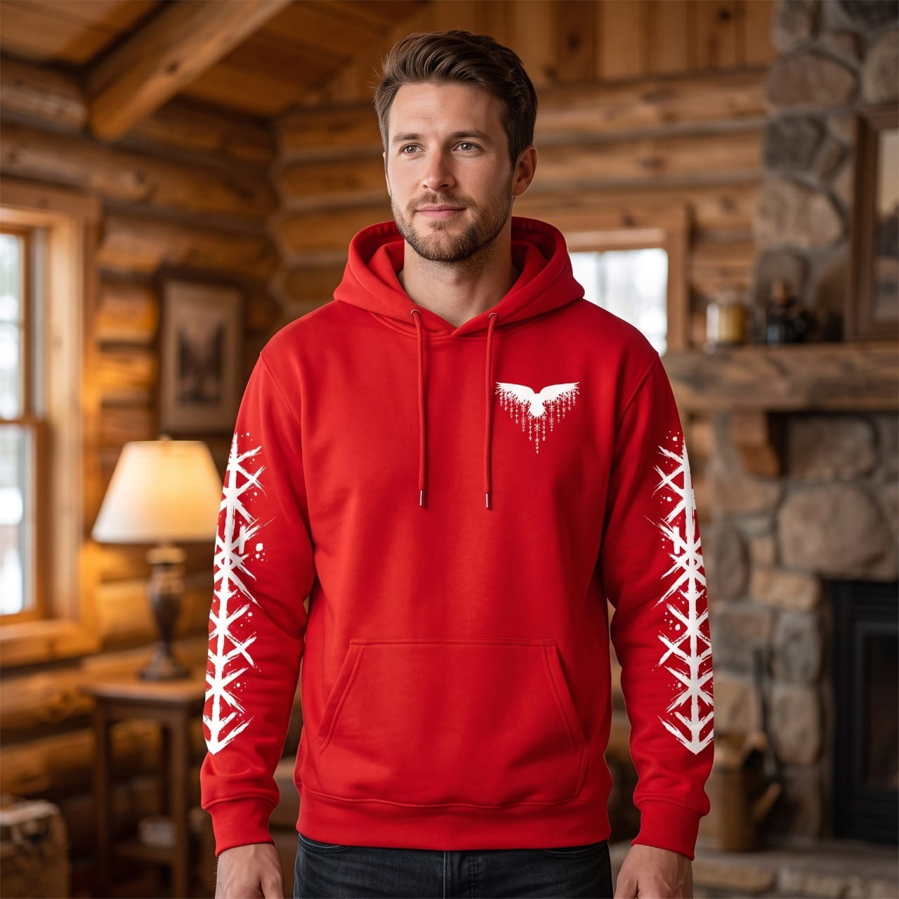 Homme portant le Sweat à Capuche Viking Vegvísir et Runes, coloris rouge motif blanc
