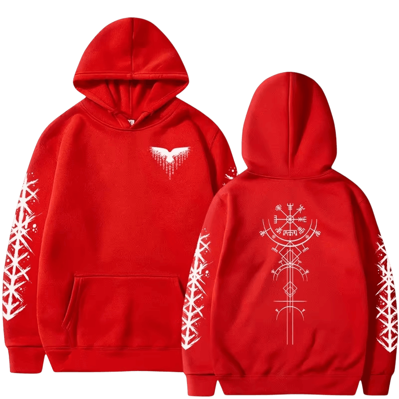 Sweat à Capuche Viking Vegvísir et Runes, coloris rouge motif blanc, vu de face et de dos