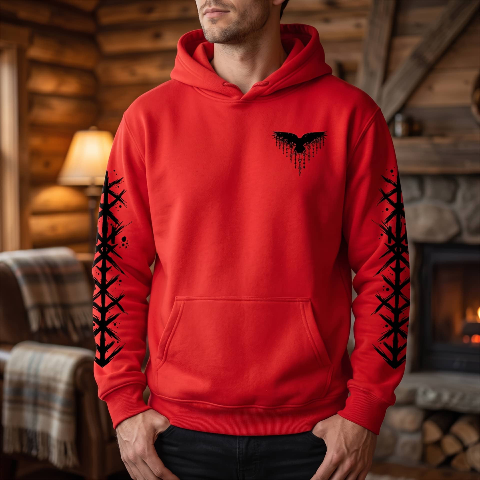 Homme portant le Sweat à Capuche Viking Vegvísir et Runes, coloris rouge motif noir