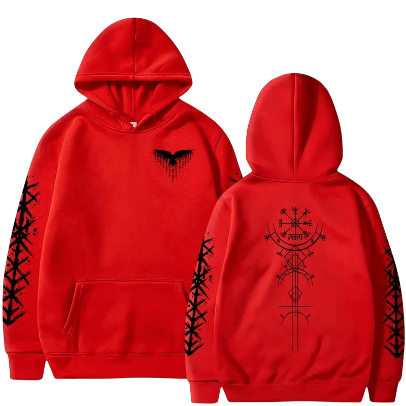 Sweat à Capuche Viking Vegvísir et Runes, coloris rouge motif noir, vu de face et de dos