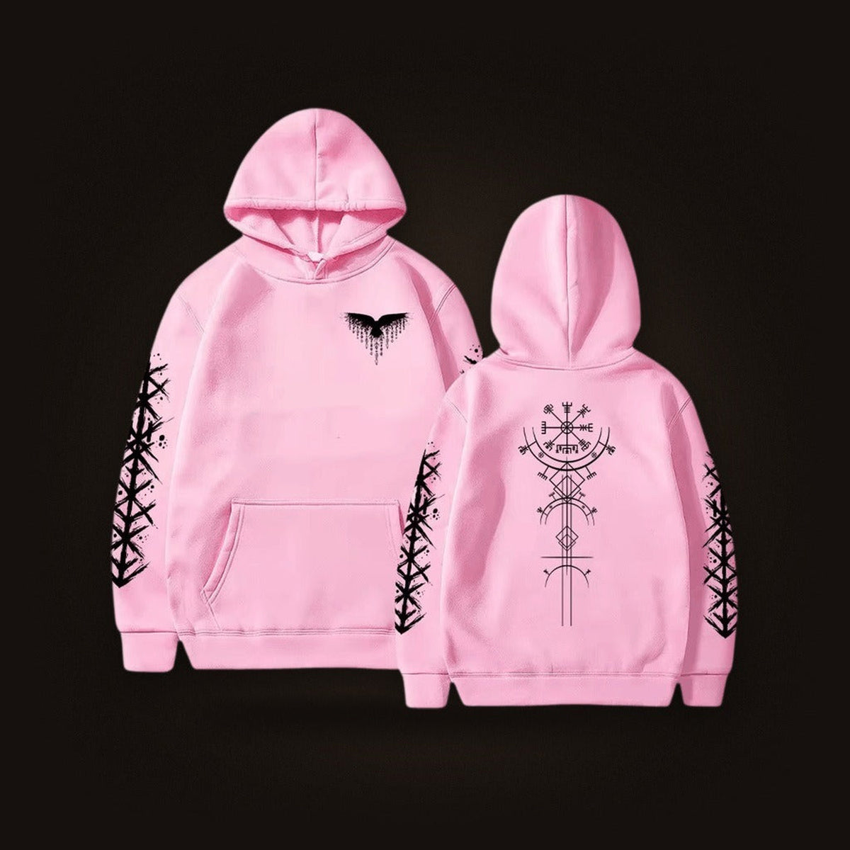 Sweat à Capuche Viking Vegvísir et Runes, coloris rose motif noir, vu de face et de dos
