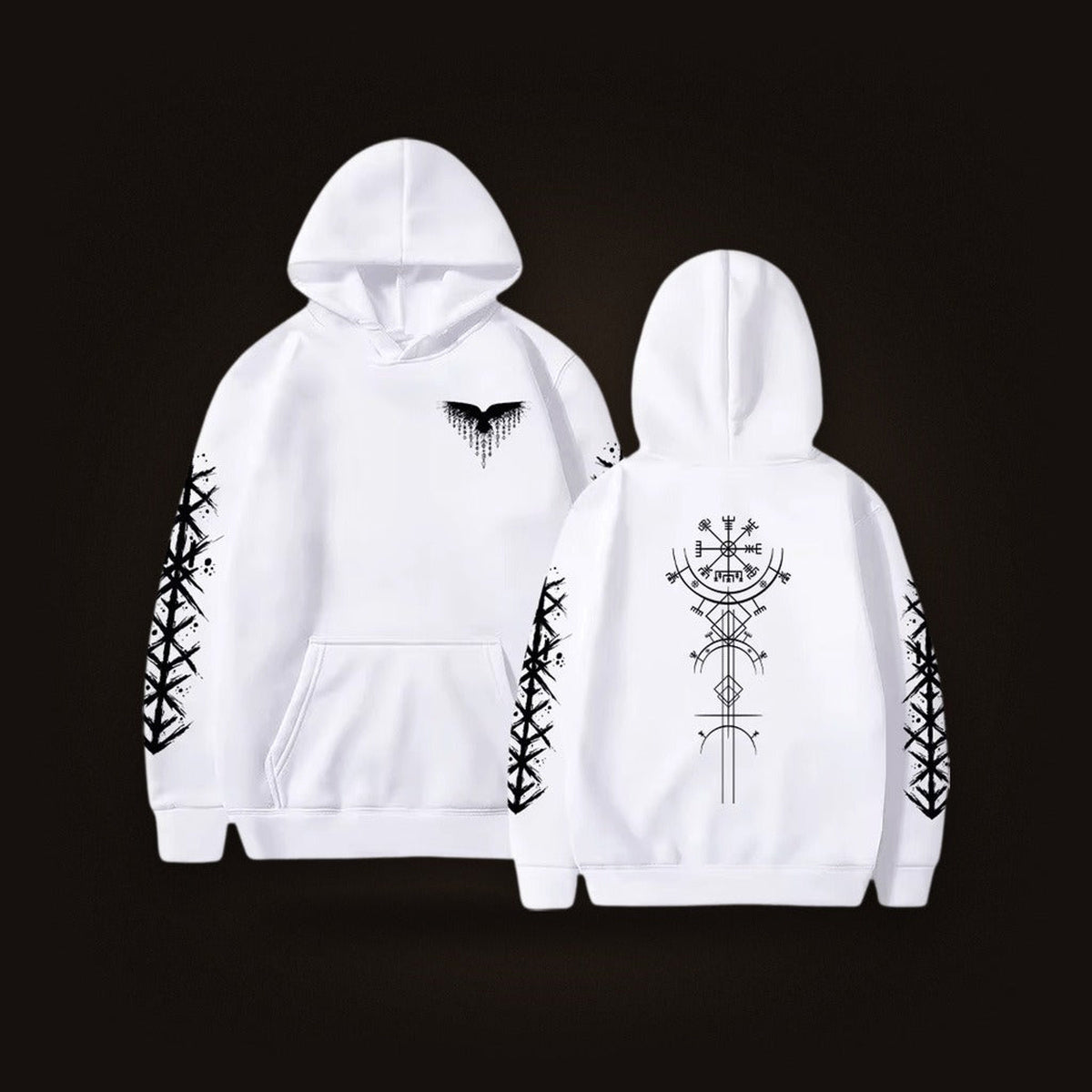 Sweat à Capuche Viking Vegvísir et Runes, coloris blanc motif noir, vu de face et de dos