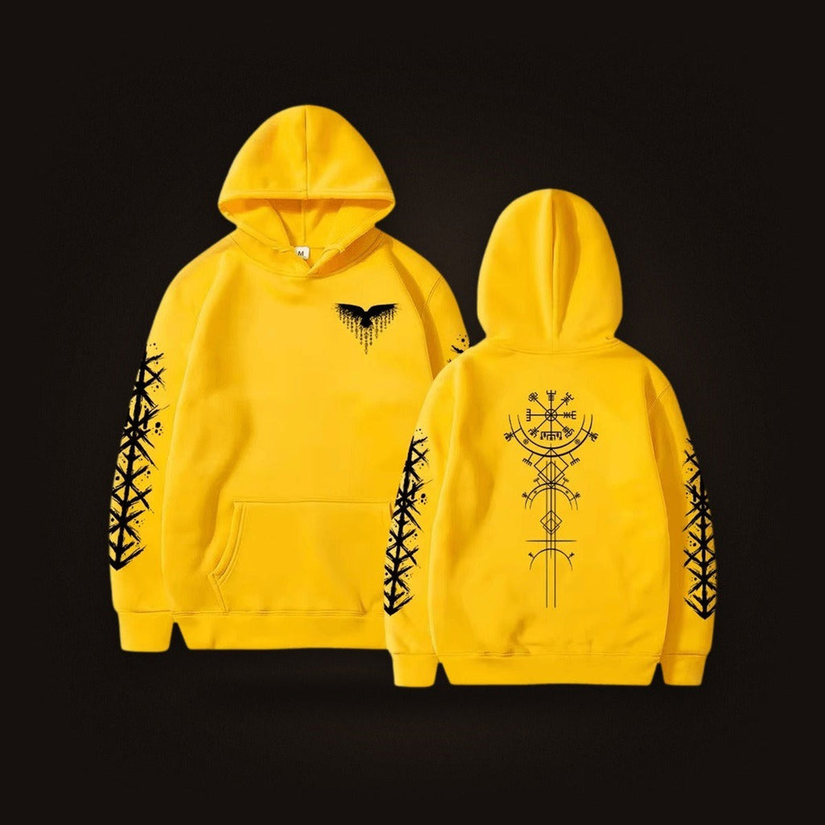 Sweat à Capuche Viking Vegvísir et Runes, coloris jaune motif noir, vu de face et de dos