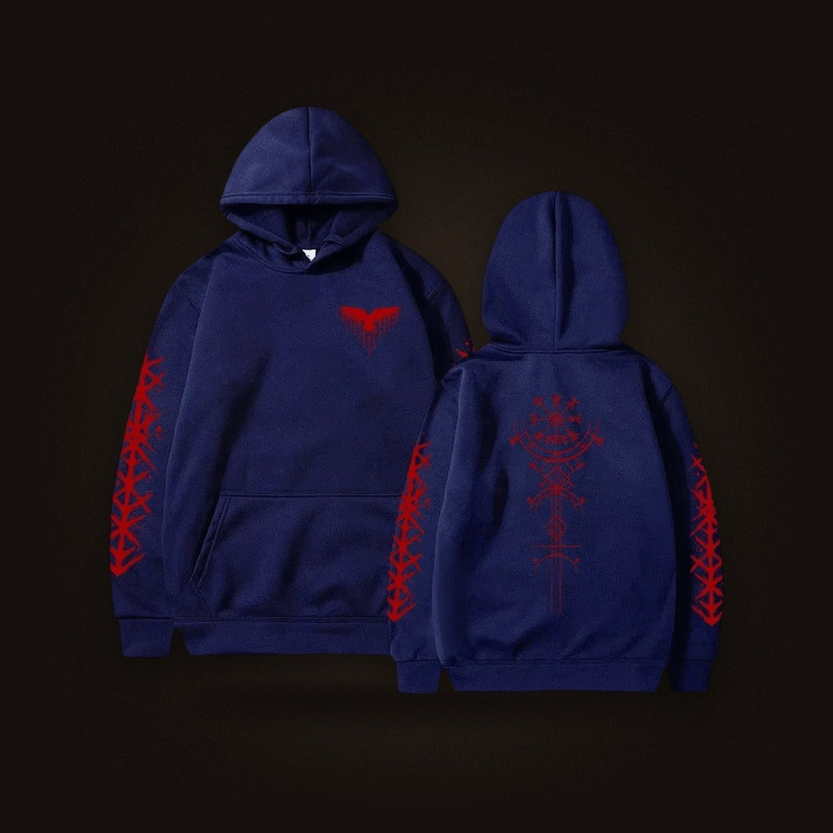 Sweat à Capuche Viking Vegvísir et Runes, coloris marine motif rouge, vu de face et de dos