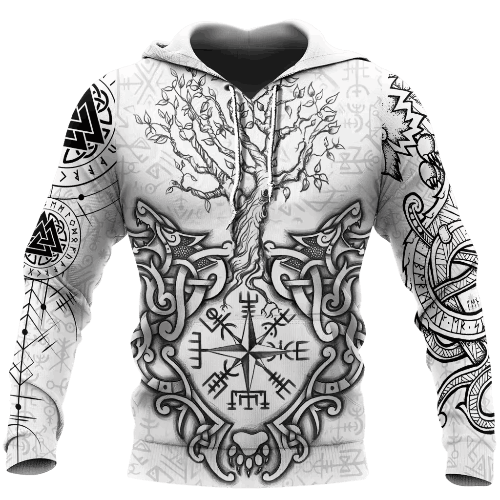 Sweat à Capuche Viking Yggdrasil Tatouage Blanc, vu de face et de dos