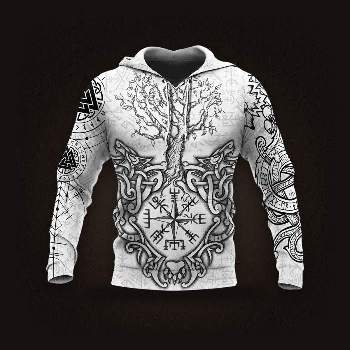 Sweat à Capuche Viking Yggdrasil Tatouage Blanc, vu de face