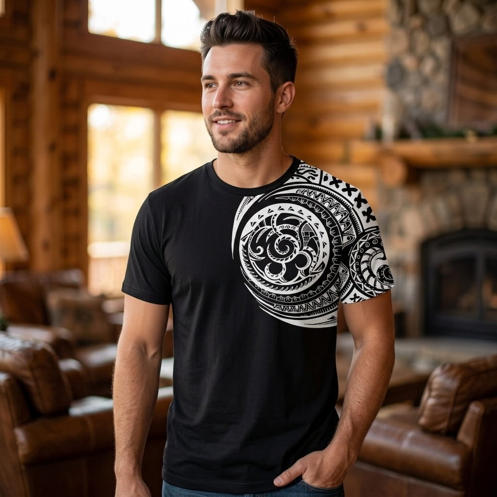 Homme portant un tee-shirt noir à motif tribal polynésien blanc couvrant l'épaule et la manche
