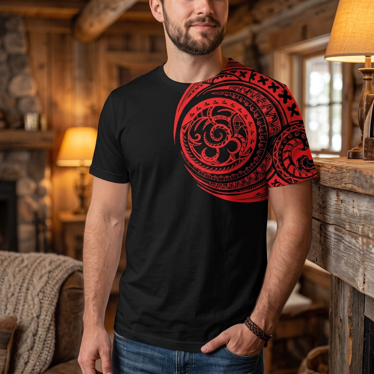 Homme portant un tee-shirt noir à motif tribal polynésien rouge couvrant l'épaule et la manche