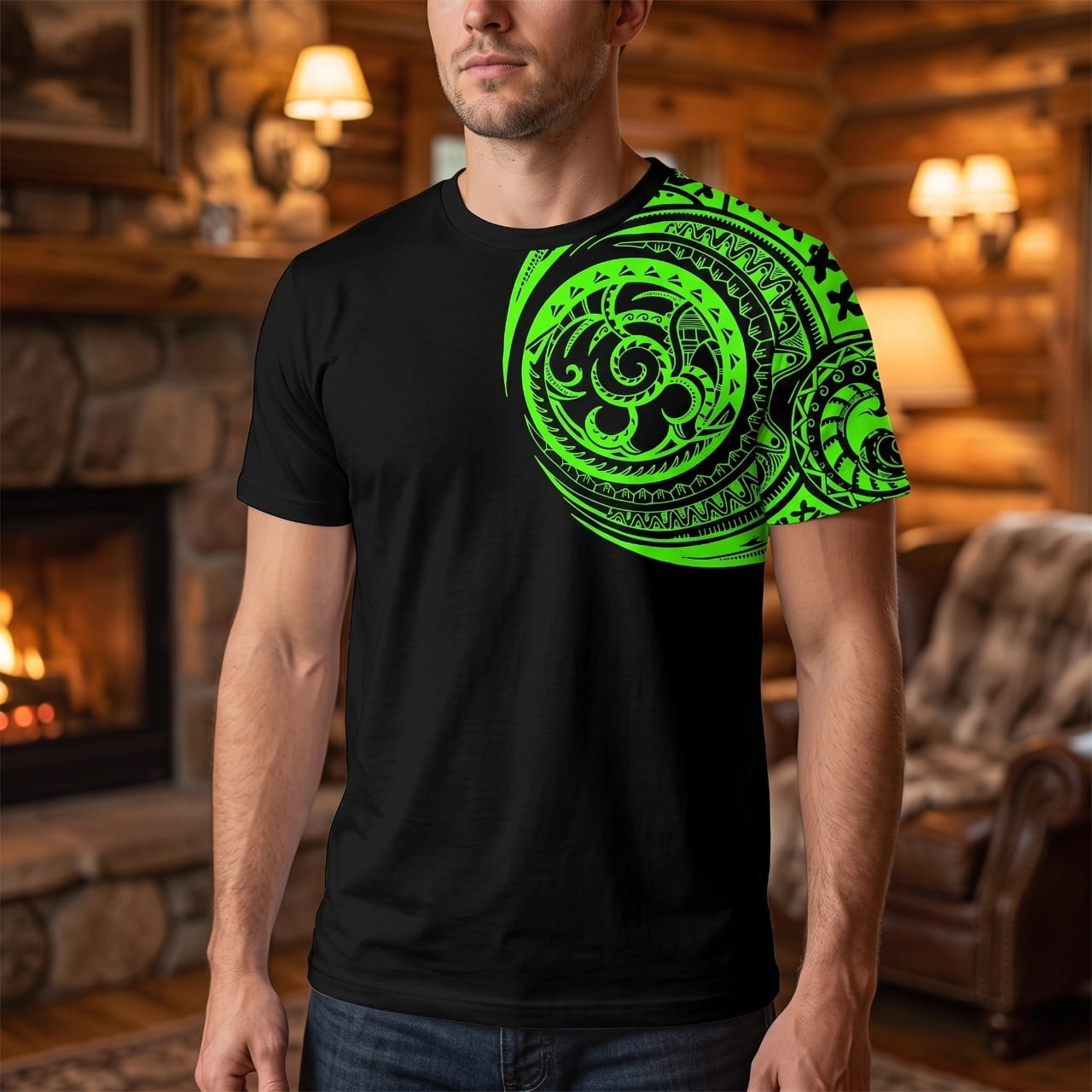 Homme portant un tee-shirt noir à motif tribal polynésien vert vif couvrant l'épaule et la manche