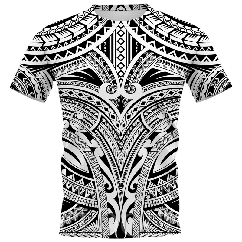 Tee-shirt à plat, impression intégrale de motifs tribaux polynésiens noir et blanc