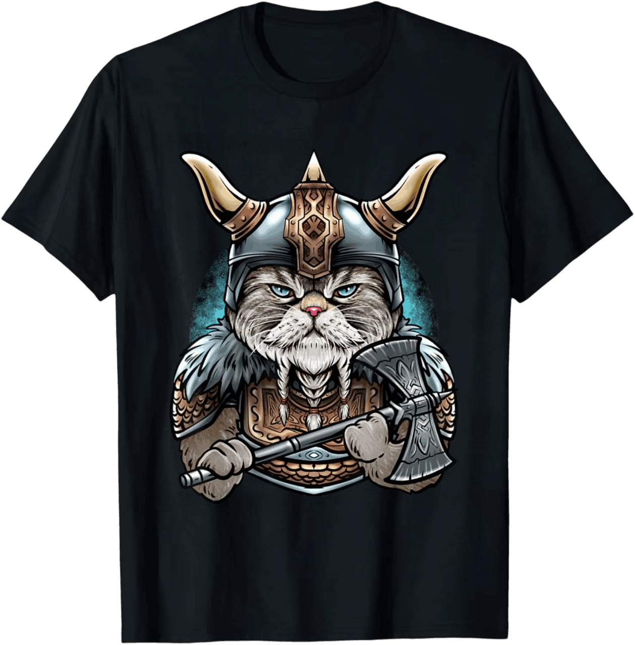 Tee-shirt viking noir à plat, chat guerrier en casque doré à cornes, hache sur l'épaule