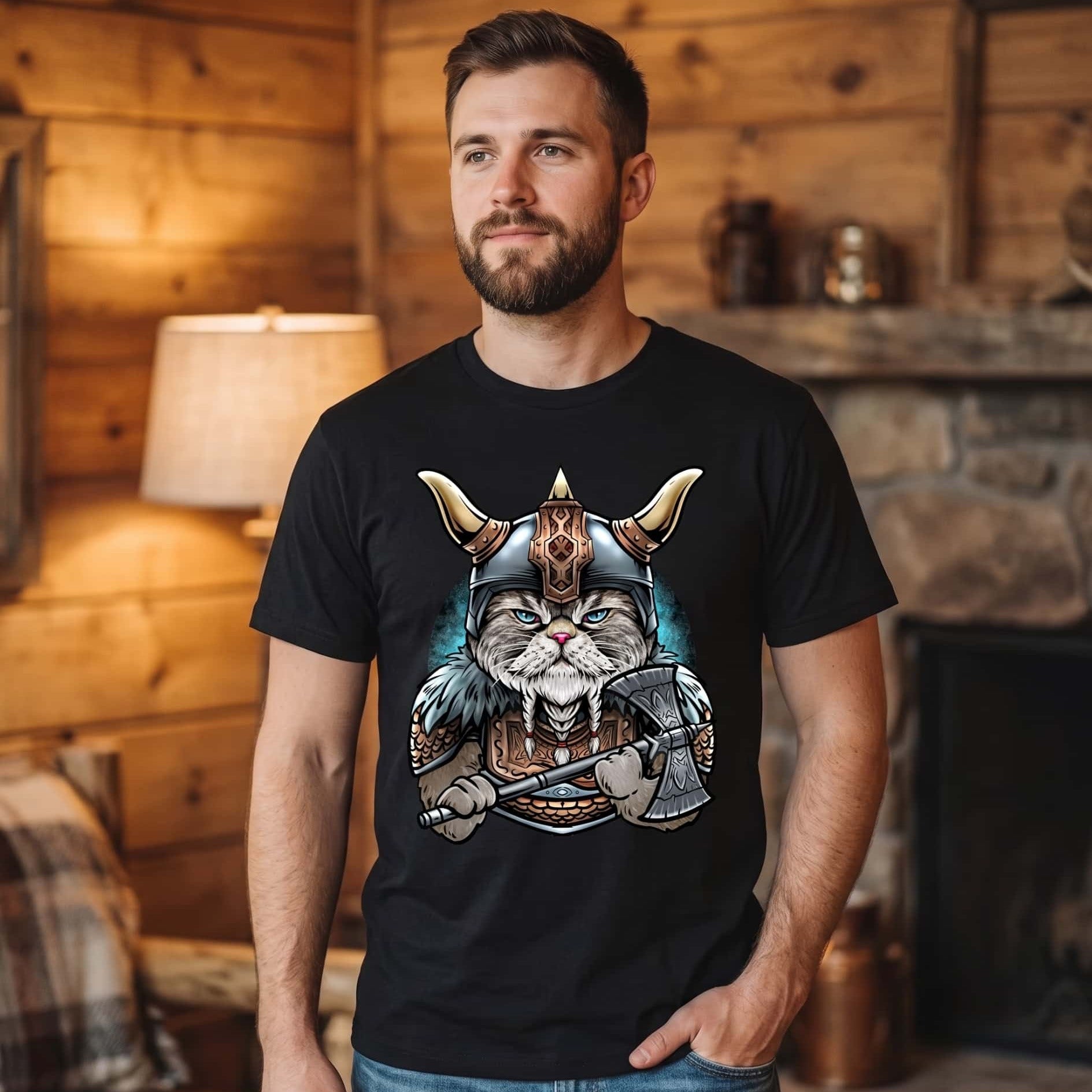 Homme portant un tee-shirt viking noir à chat casqué à cornes tenant une hache de guerre
