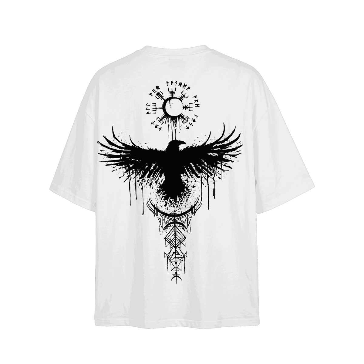 White Viking T-shirt laid flat, back view, raven with spread wings, Vegvísir and rune staves