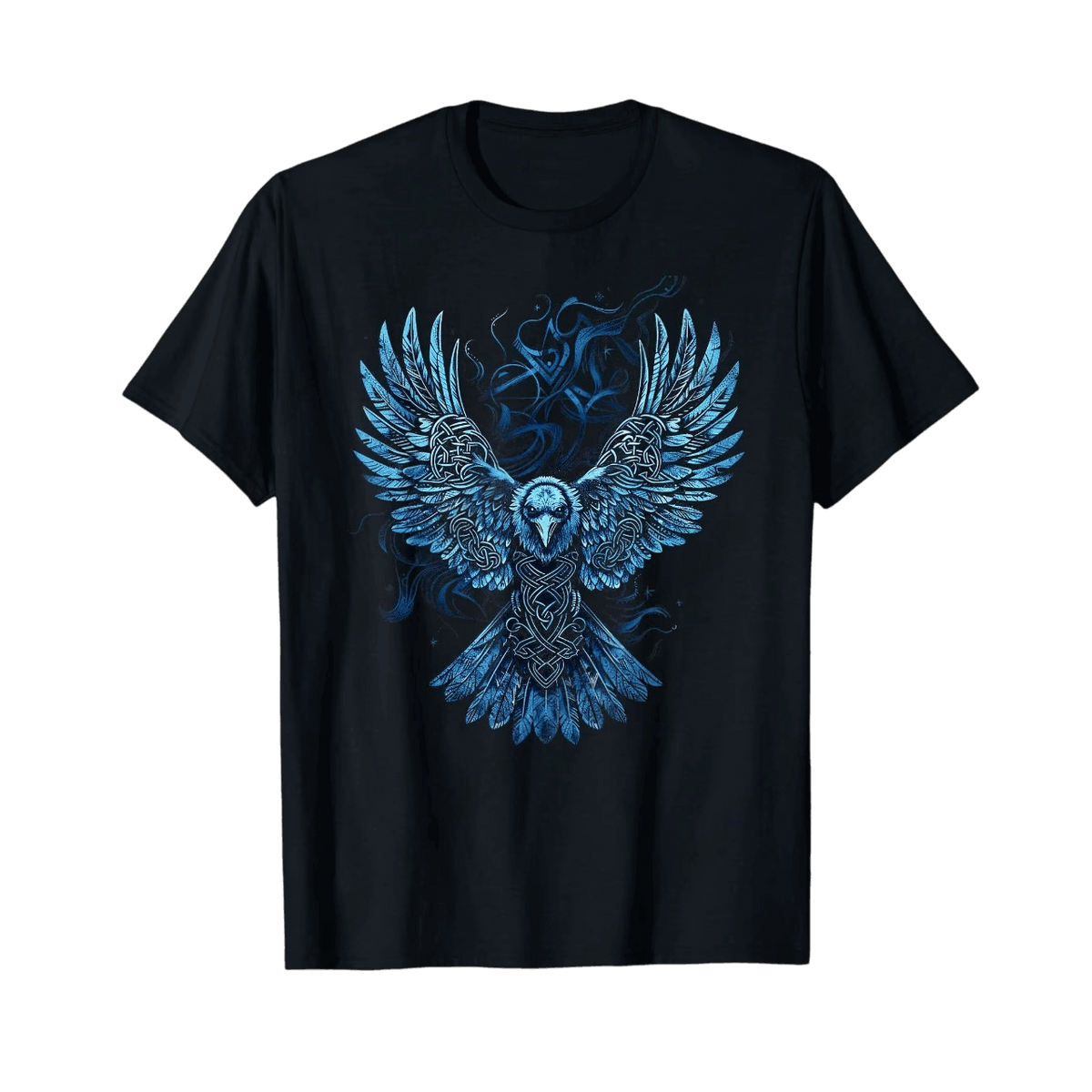 Black Viking T-shirt laid flat, blue raven with spread wings on a bluish smoke background