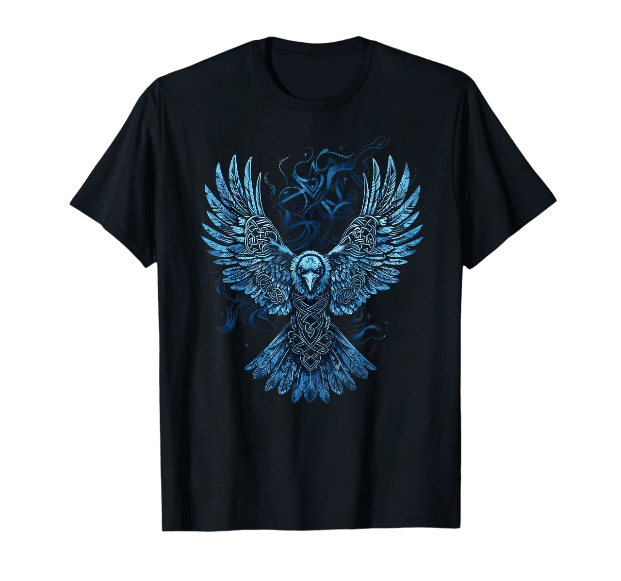 Tee-shirt viking noir à plat, corbeau bleu aux ailes déployées sur un fond de fumée bleutée