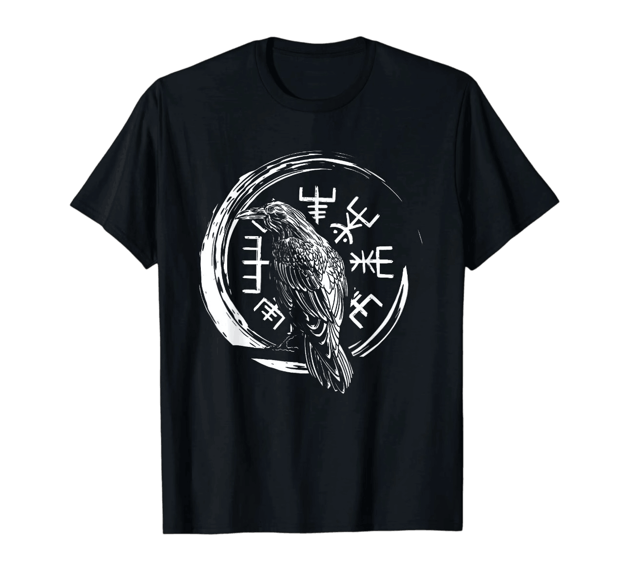 Tee-shirt viking noir à plat, corbeau perché dans un cercle d'encre blanc et bâtons runiques