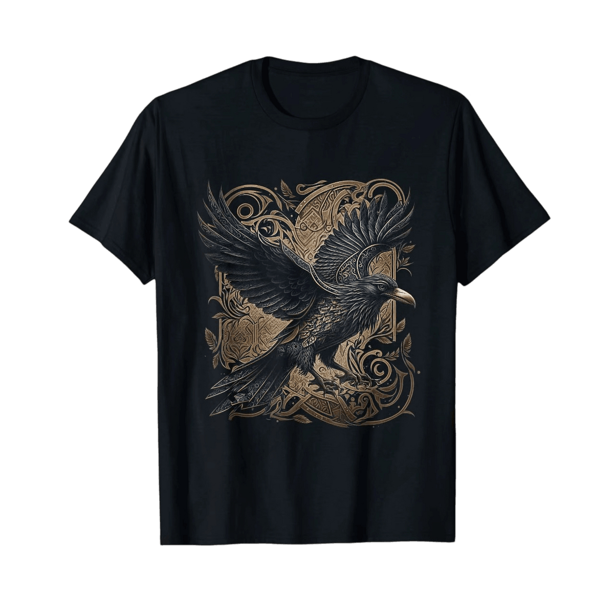 Black Viking T-shirt laid flat, raven with open wings in front of a gold knotwork panel