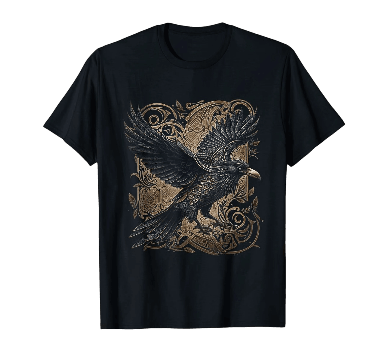 Tee-shirt viking noir à plat, corbeau ailes ouvertes devant un panneau d'entrelacs dorés