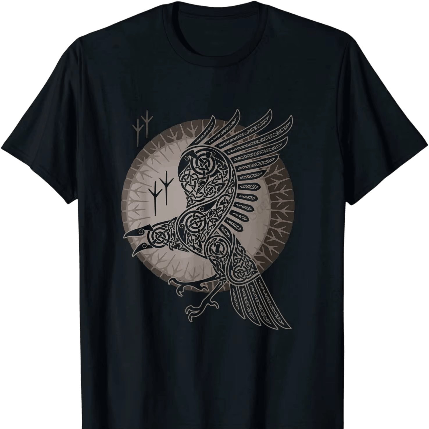 Tee-shirt viking noir à plat, corbeau d'Odin de profil dans un cercle de runes gris et beige