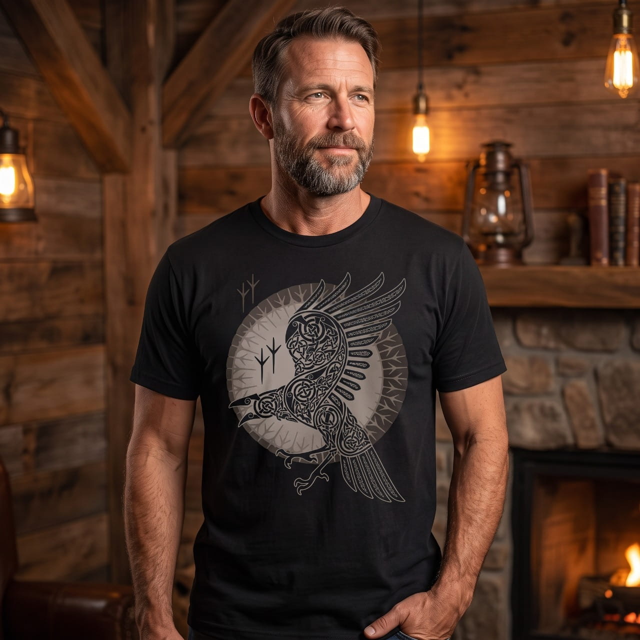 Homme portant un tee-shirt viking à corbeau d'Odin inscrit dans un cercle de runes