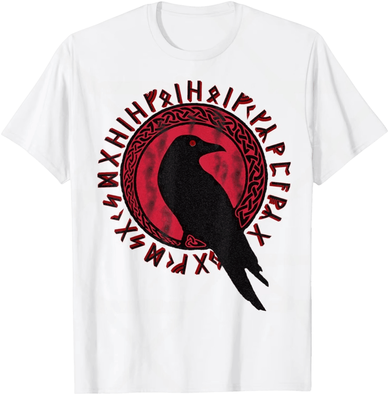 Tee-shirt viking blanc à plat, corbeau d'Odin devant un disque lunaire rouge et cercle de runes