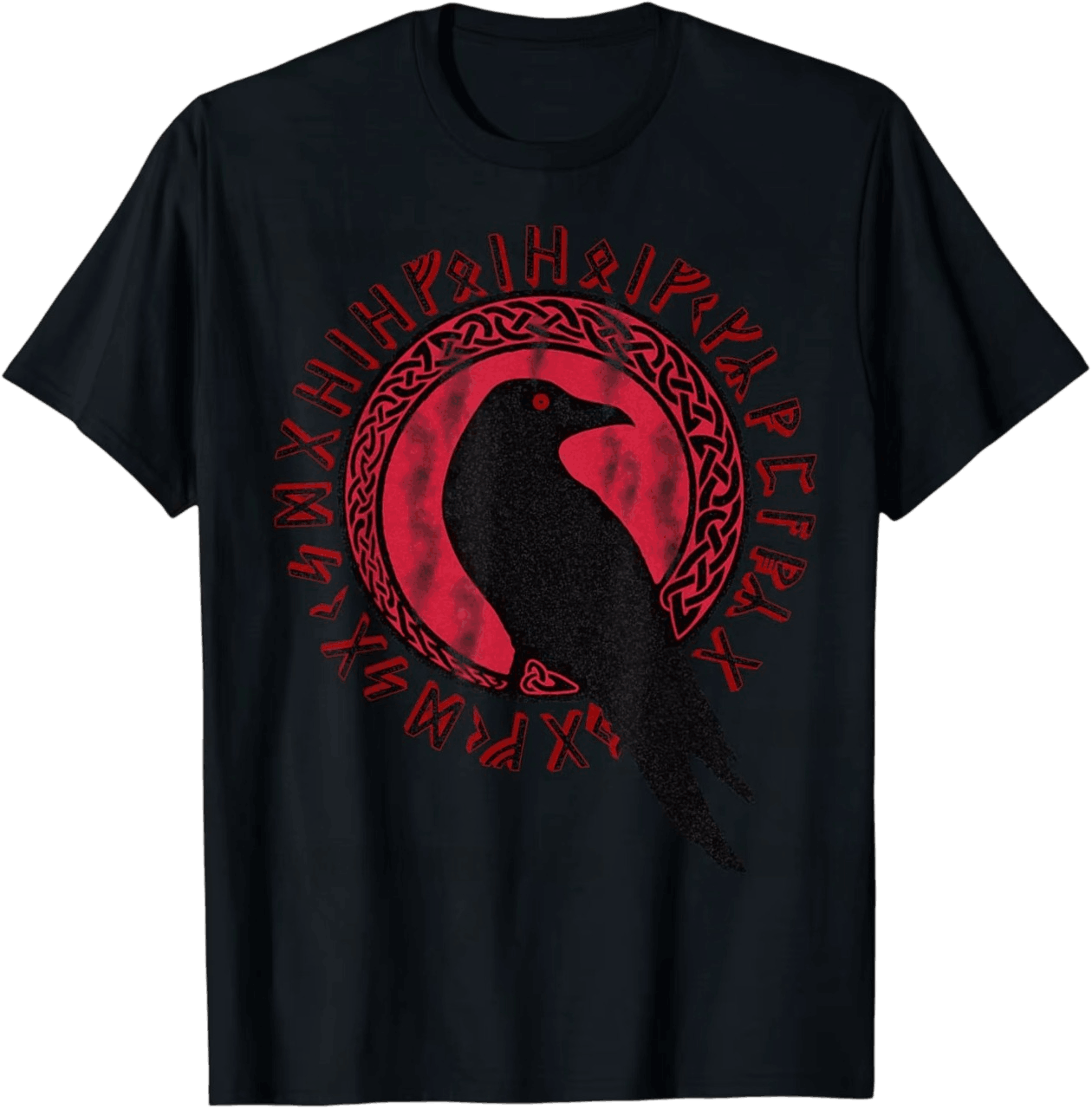 Tee-shirt viking noir à plat, corbeau d'Odin devant un disque lunaire rouge et cercle de runes