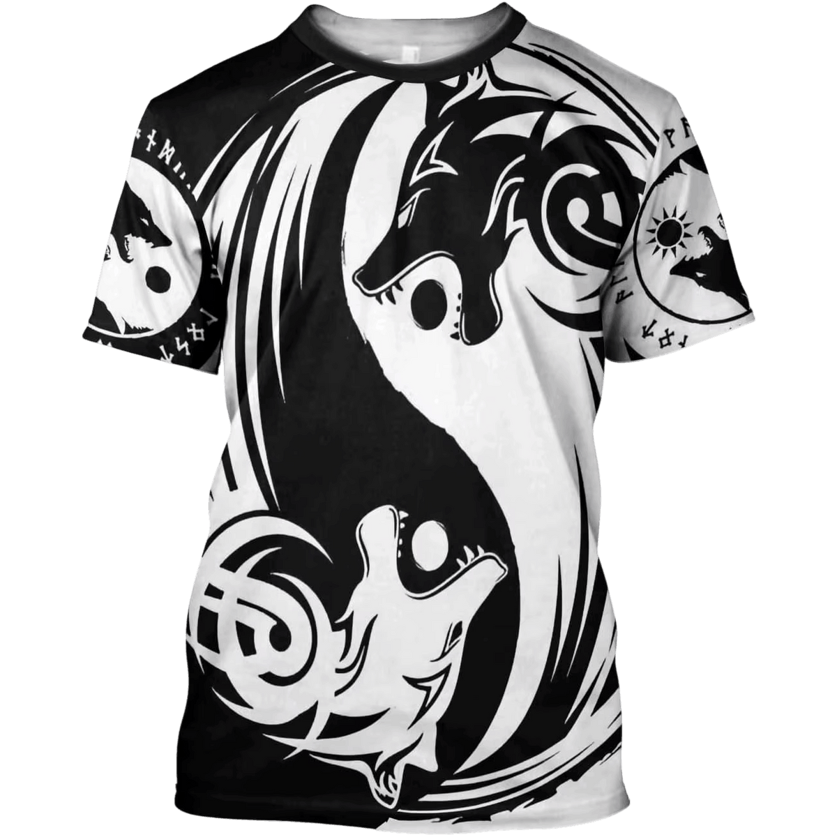 Tee-shirt viking à plat, impression intégrale noir et blanc en miroir, dragon nordique et entrelacs