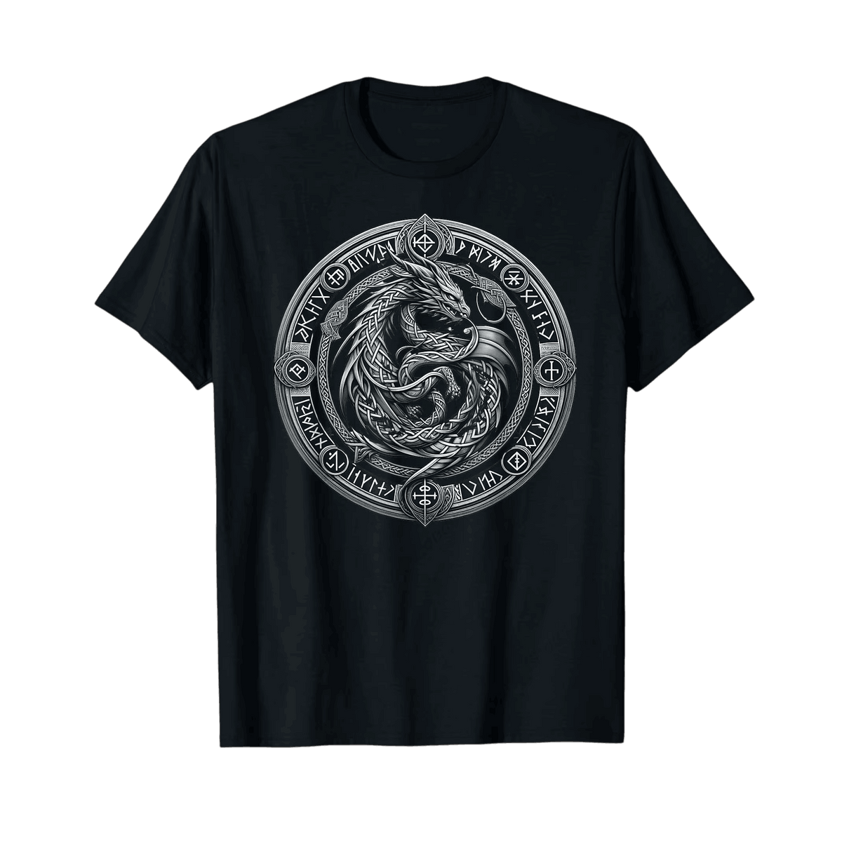 Black Viking T-shirt laid flat, Norse dragon coiled in a silver medallion ringed with runes