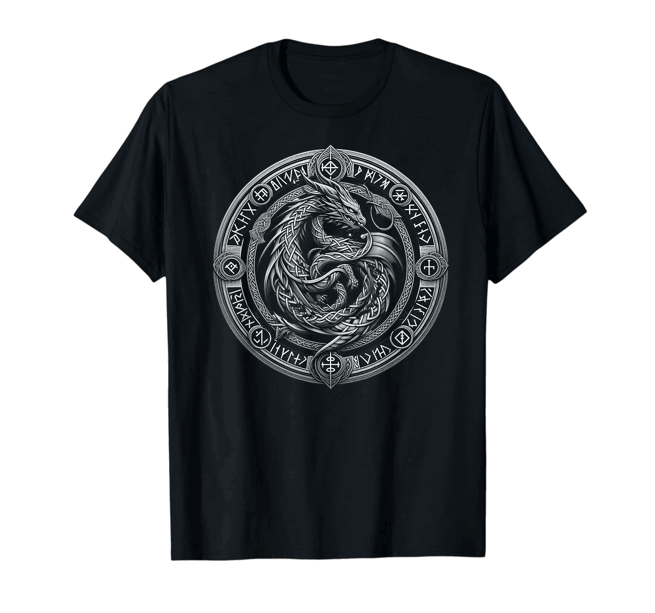 Tee-shirt viking noir à plat, dragon nordique enroulé dans un médaillon cerclé de runes argenté