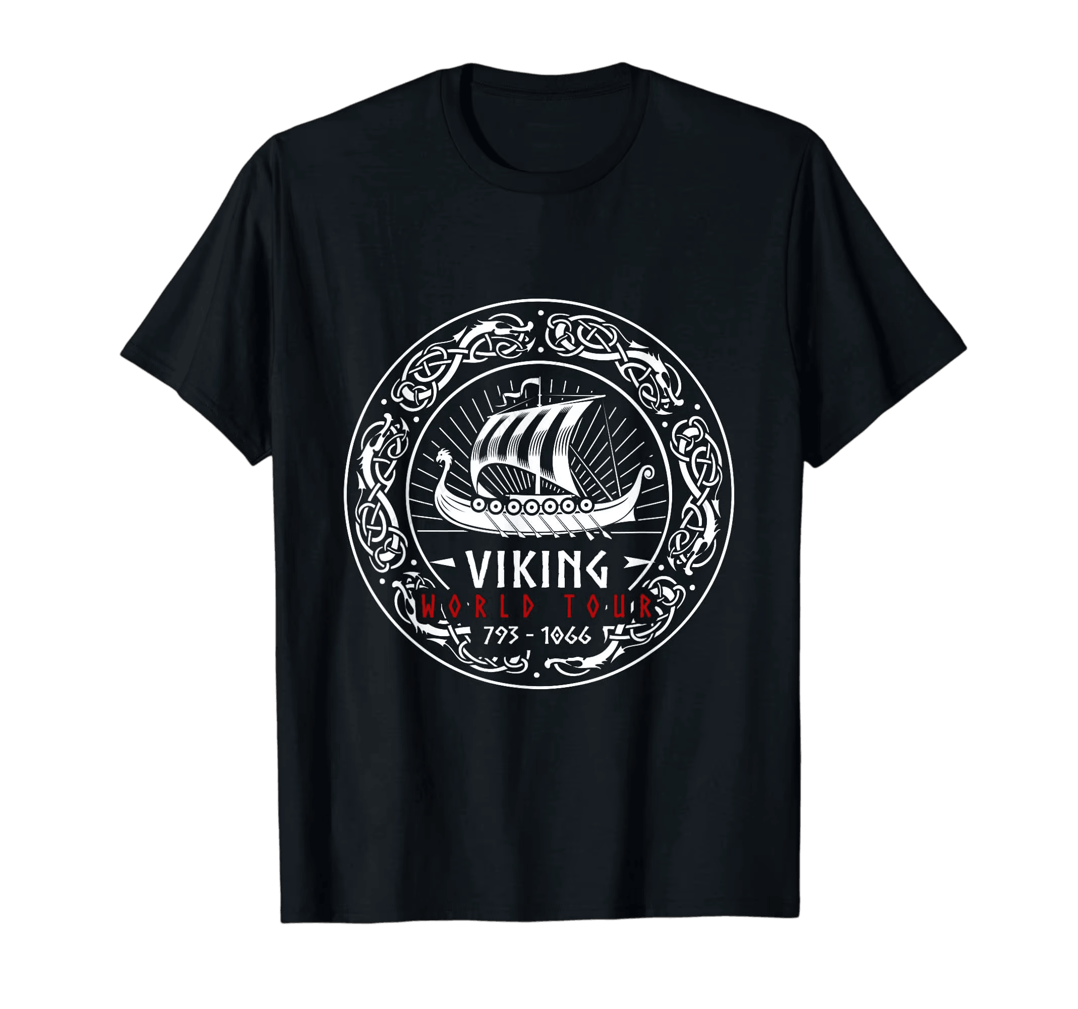 Tee-shirt viking noir à plat, drakkar toutes voiles dehors dans un médaillon d'entrelacs