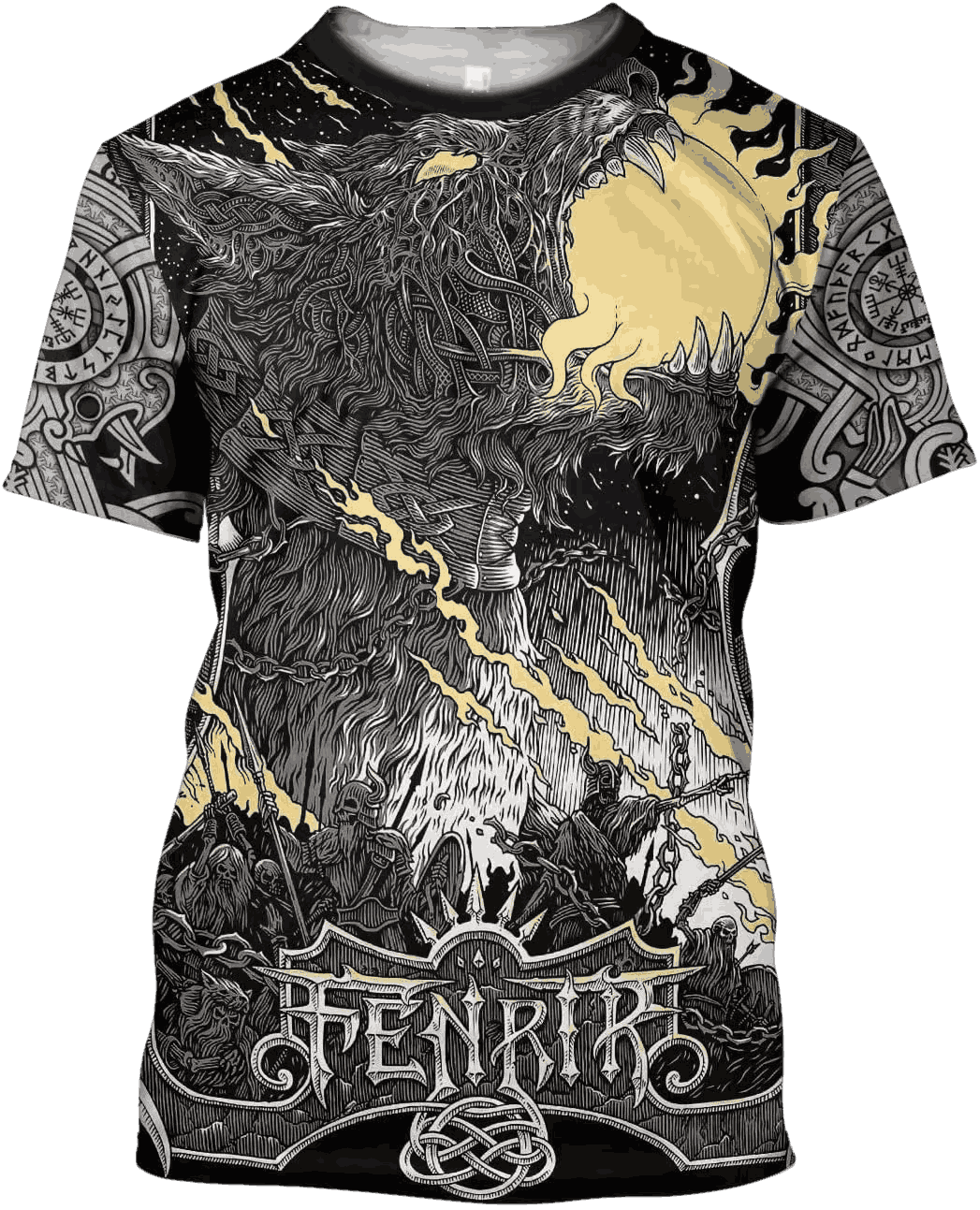 Tee-shirt viking à plat, impression intégrale du loup Fenrir, éclairs dorés et lettrage Fenrir