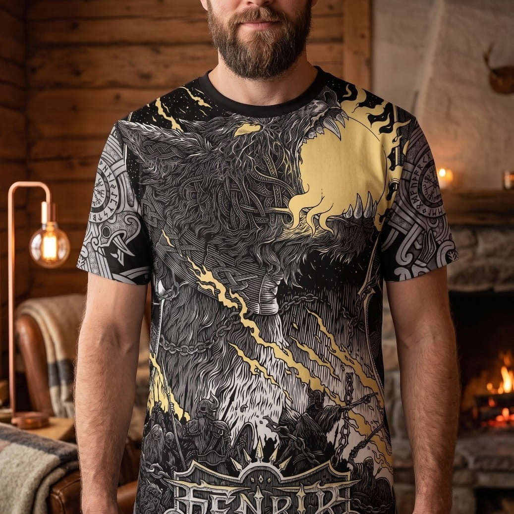 Homme portant un tee-shirt viking à impression intégrale, loup Fenrir et éclairs dorés sur fond gris