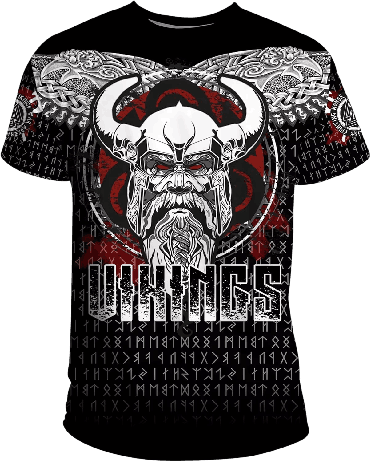 Tee-shirt viking à plat, impression intégrale guerrier barbu casqué, lignes de runes et lettrage Vikings
