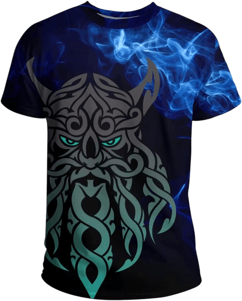 Tee-shirt viking noir à plat, impression intégrale guerrier casqué et flammes bleu turquoise