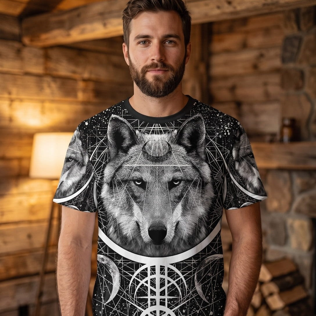 Homme portant un tee-shirt viking noir à impression intégrale, loup blanc de face et Vegvísir