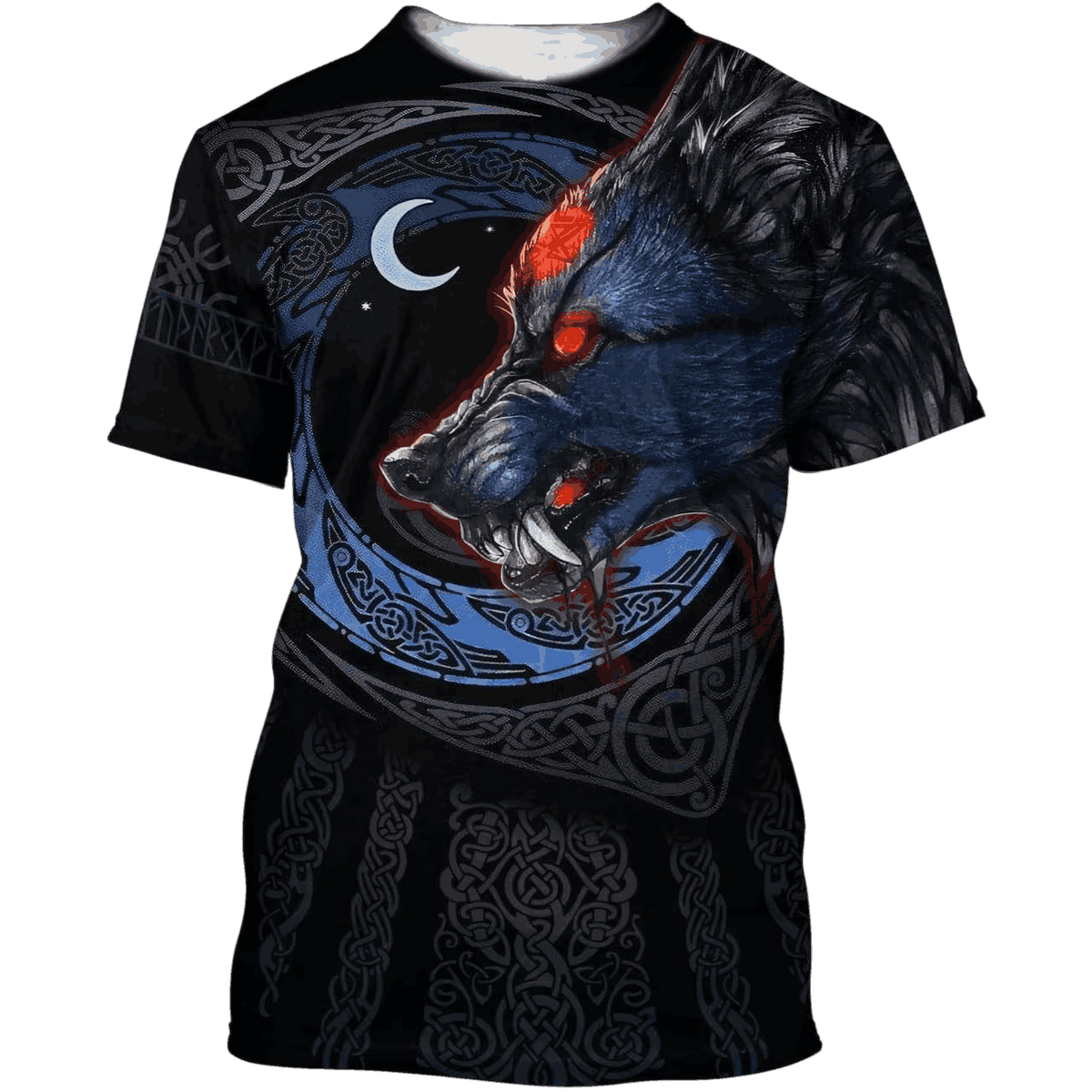 Midnight blue Viking T-shirt laid flat, all-over print with a wolf with red highlights and a crescent moon