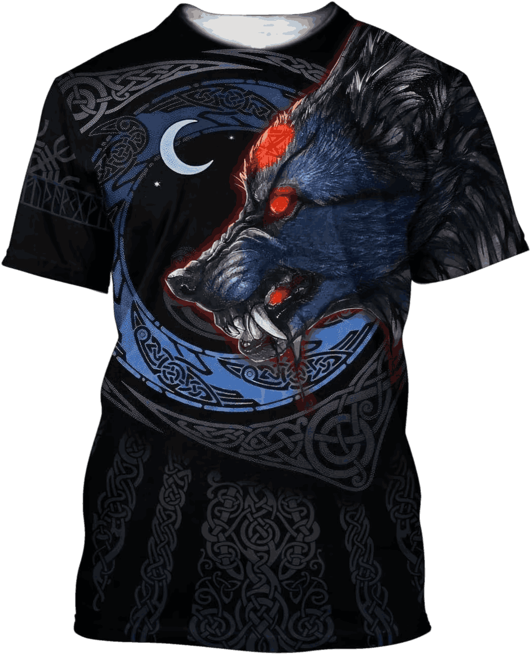 Tee-shirt viking bleu nuit à plat, impression intégrale loup aux reflets rouges et croissant de lune