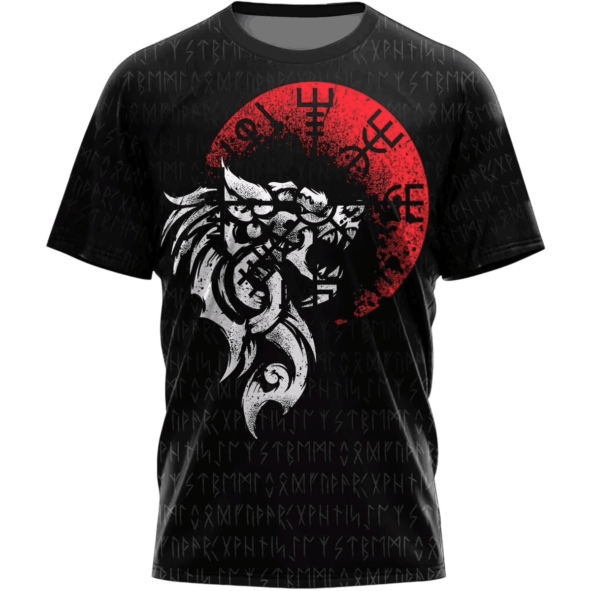 Black Viking T-shirt laid flat, all-over print with a howling wolf in front of a red lunar disc and runes