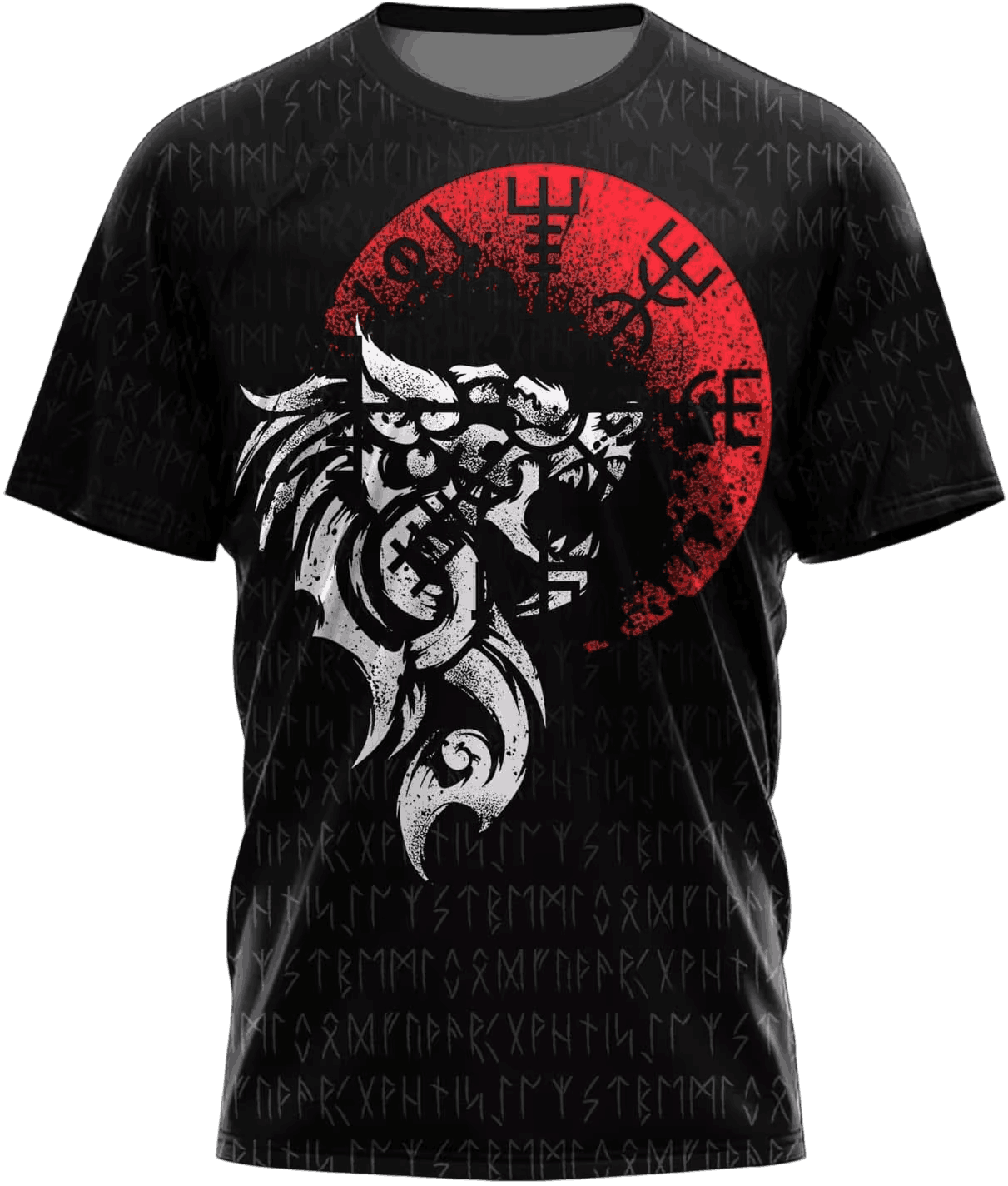 Tee-shirt viking noir à plat, impression intégrale loup hurlant devant un disque lunaire rouge et runes