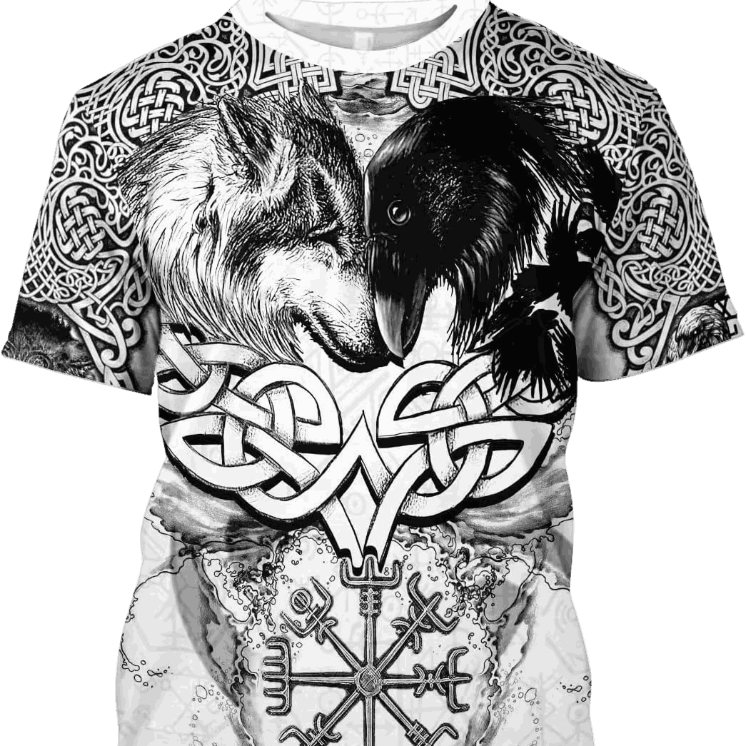 White Viking T-shirt laid flat, all-over print with a howling wolf, Vegvísir and black knotwork