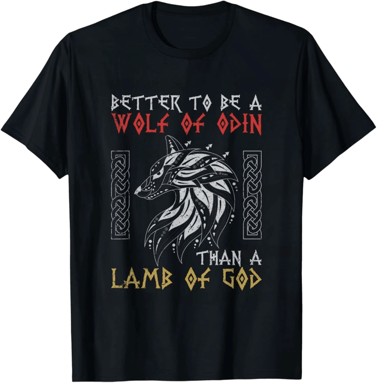 Tee-shirt viking noir à plat, loup d'Odin entre deux colonnes d'entrelacs, slogan anglais rouge et or