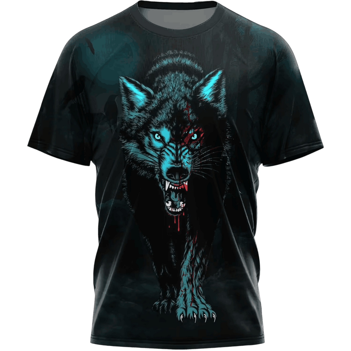 Tee-shirt viking sombre à plat, impression intégrale tête de loup turquoise sur fond nuit