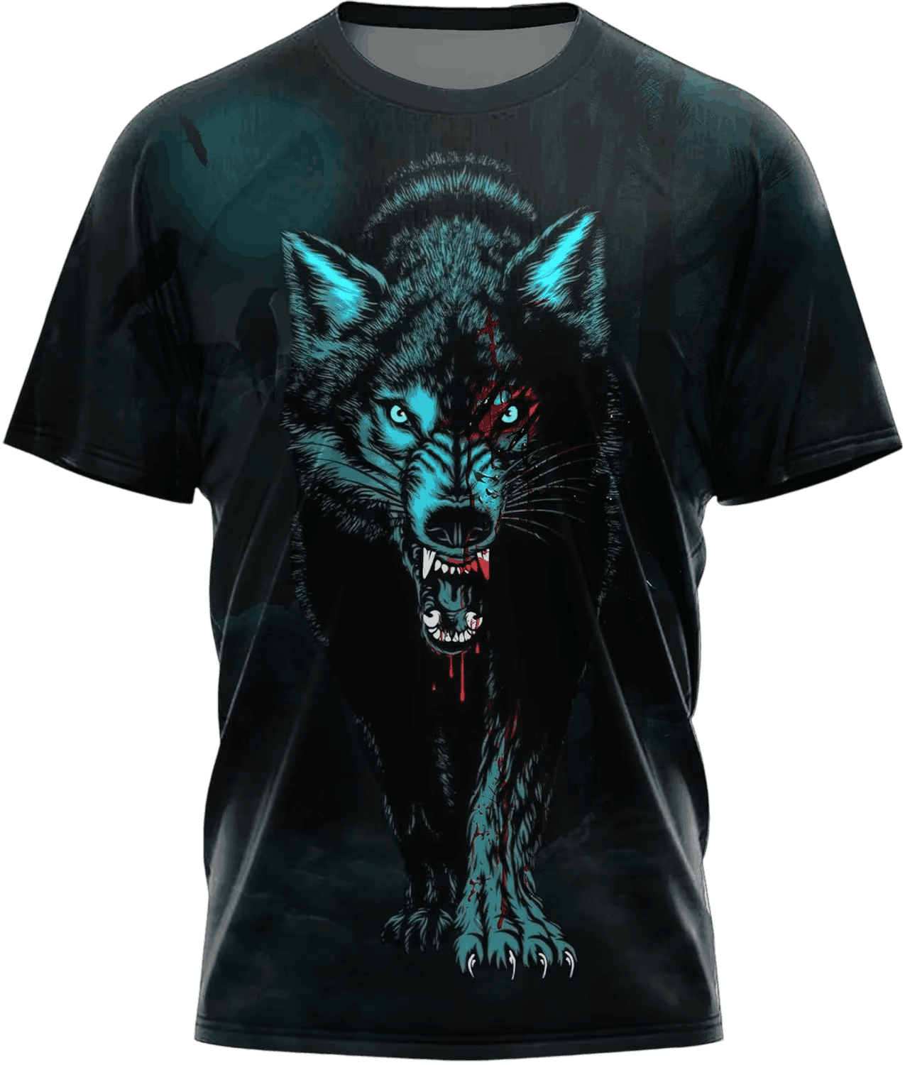Tee-shirt viking sombre à plat, impression intégrale tête de loup turquoise sur fond nuit