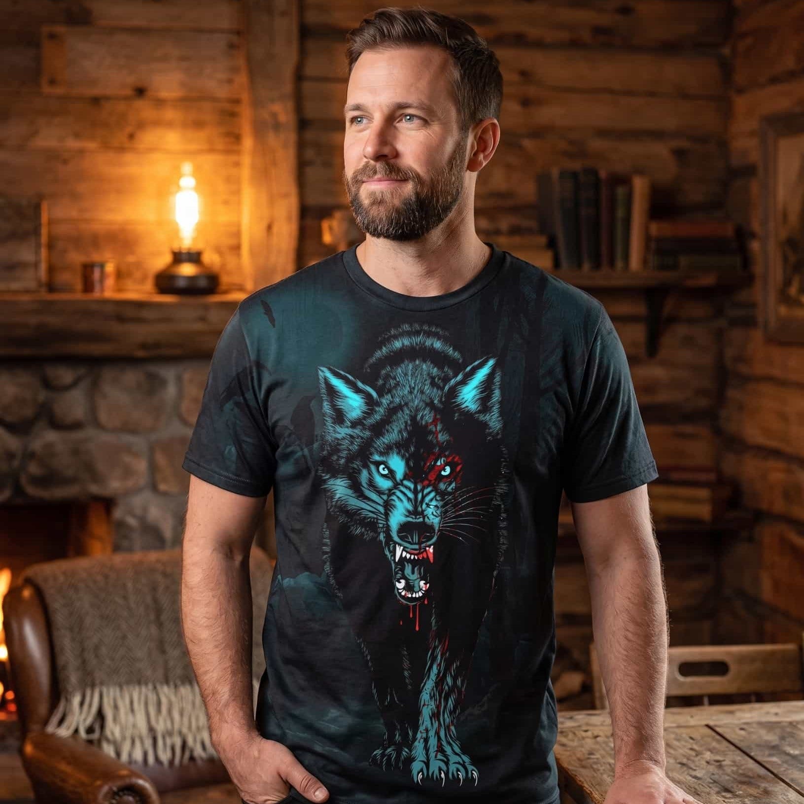 Homme portant un tee-shirt viking sombre à impression intégrale, tête de loup turquoise lumineuse