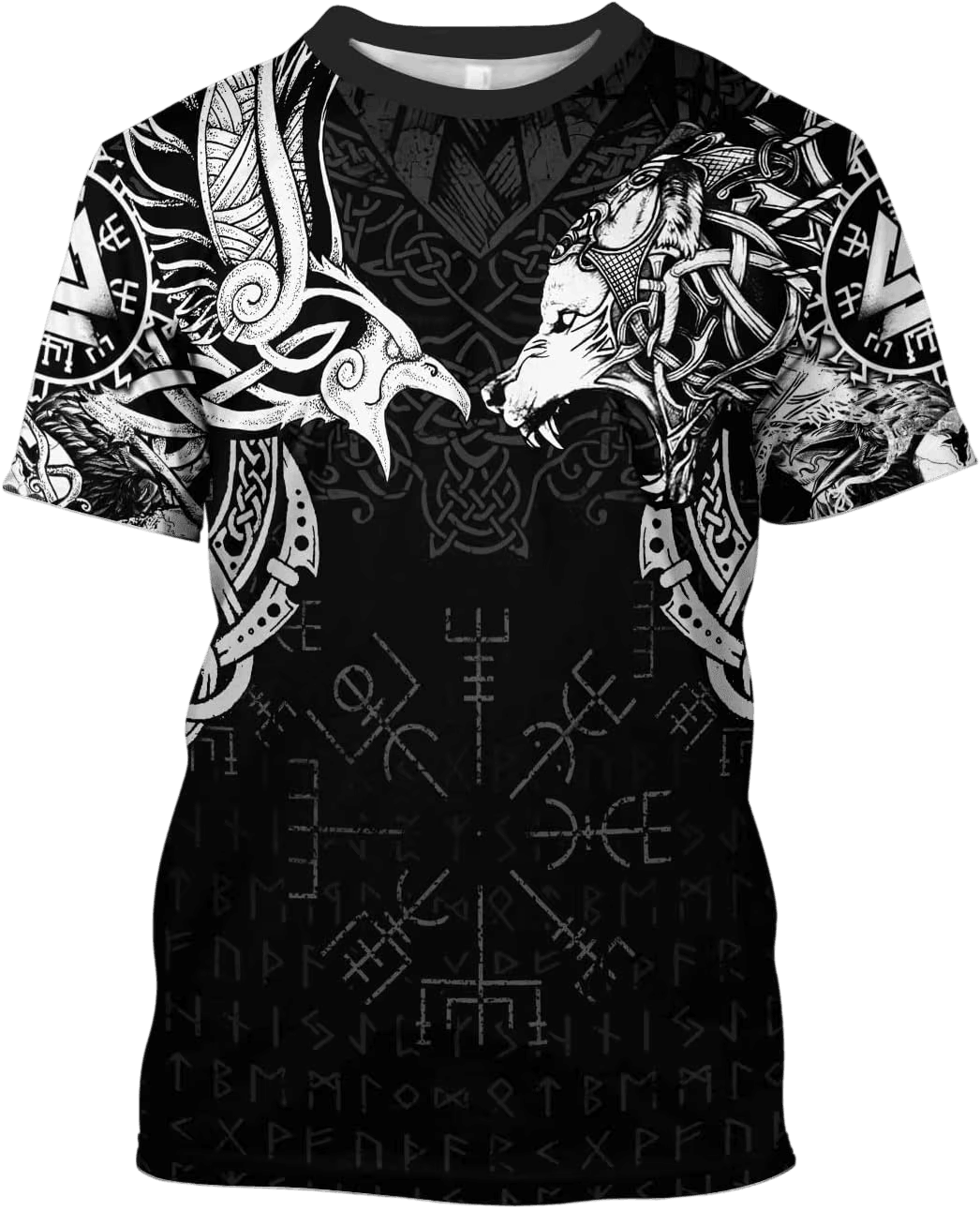 Tee-shirt viking à plat, impression intégrale de deux loups affrontés, Vegvísir et lignes de runes