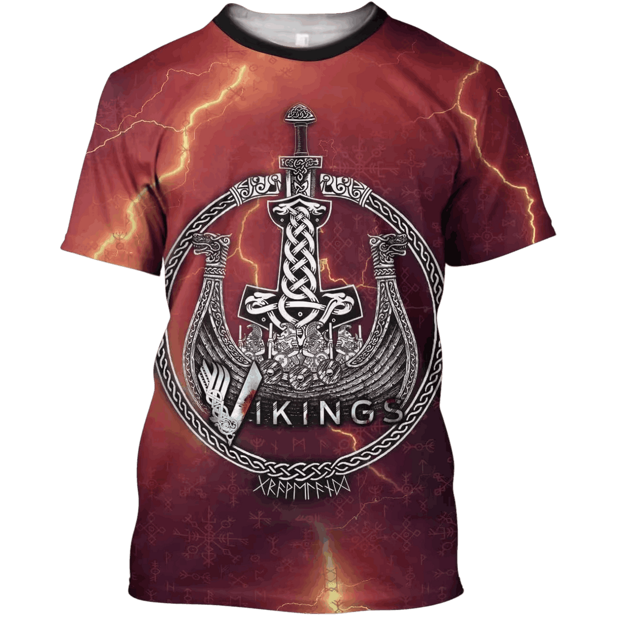 Burgundy Viking T-shirt laid flat, all-over print with Mjölnir hammer, lightning and Vikings lettering